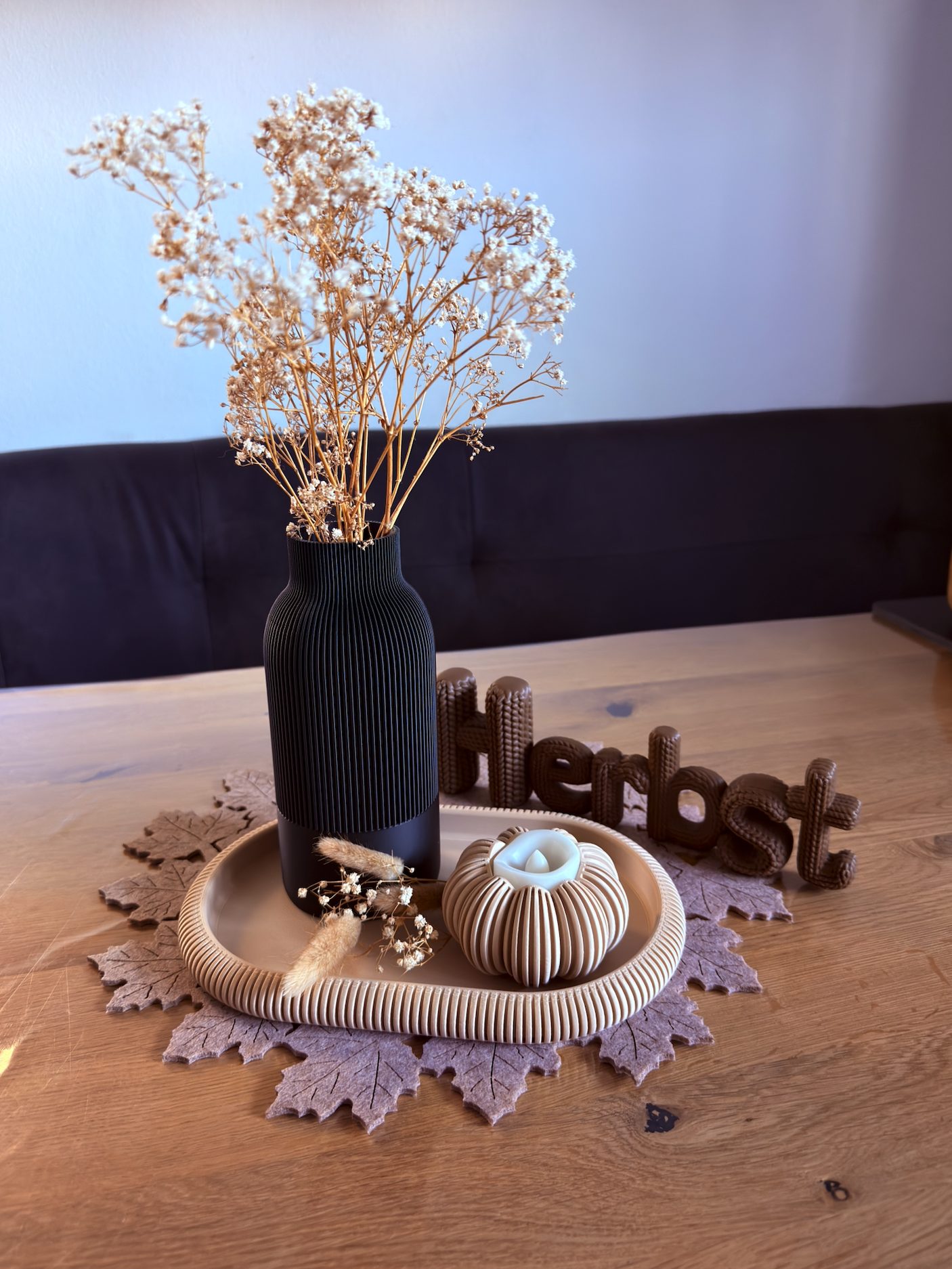 Japandi Vase mit ovaler Schale und Kürbis Teelicht – 3D-Druck-Deko von 3Dstüberl.de