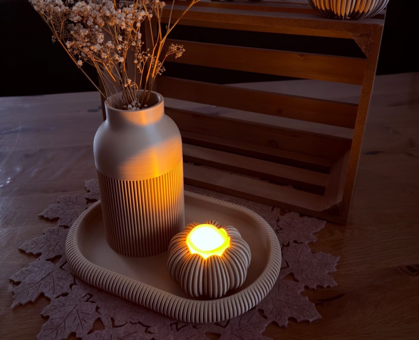 Japandi Vase mit Kürbis Teelicht und ovalem Tablett – 3D-Druck-Deko von 3Dstüberl.de